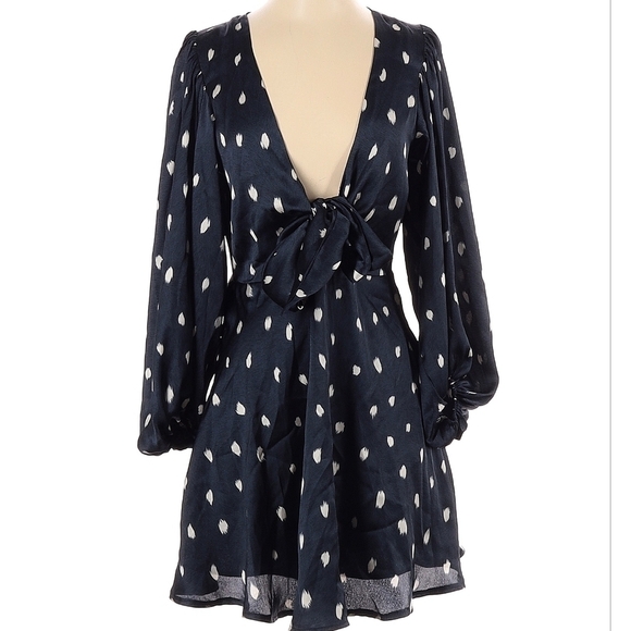 Luxxel Polkadot Satin Tie Front Dress in Navy With Plunging Neckline M - Picture 1 of 11